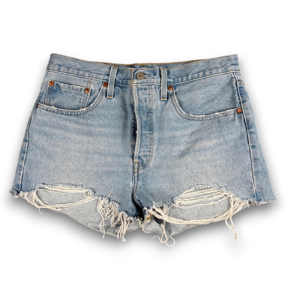 Levi's 501 Shorts Womens 31 Blue Distressed Denim Cut Off High Rise Button Fly
